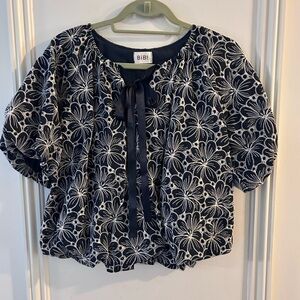 BiBi Navy and White Floral Tie-Front Puff Sleeve Blouse